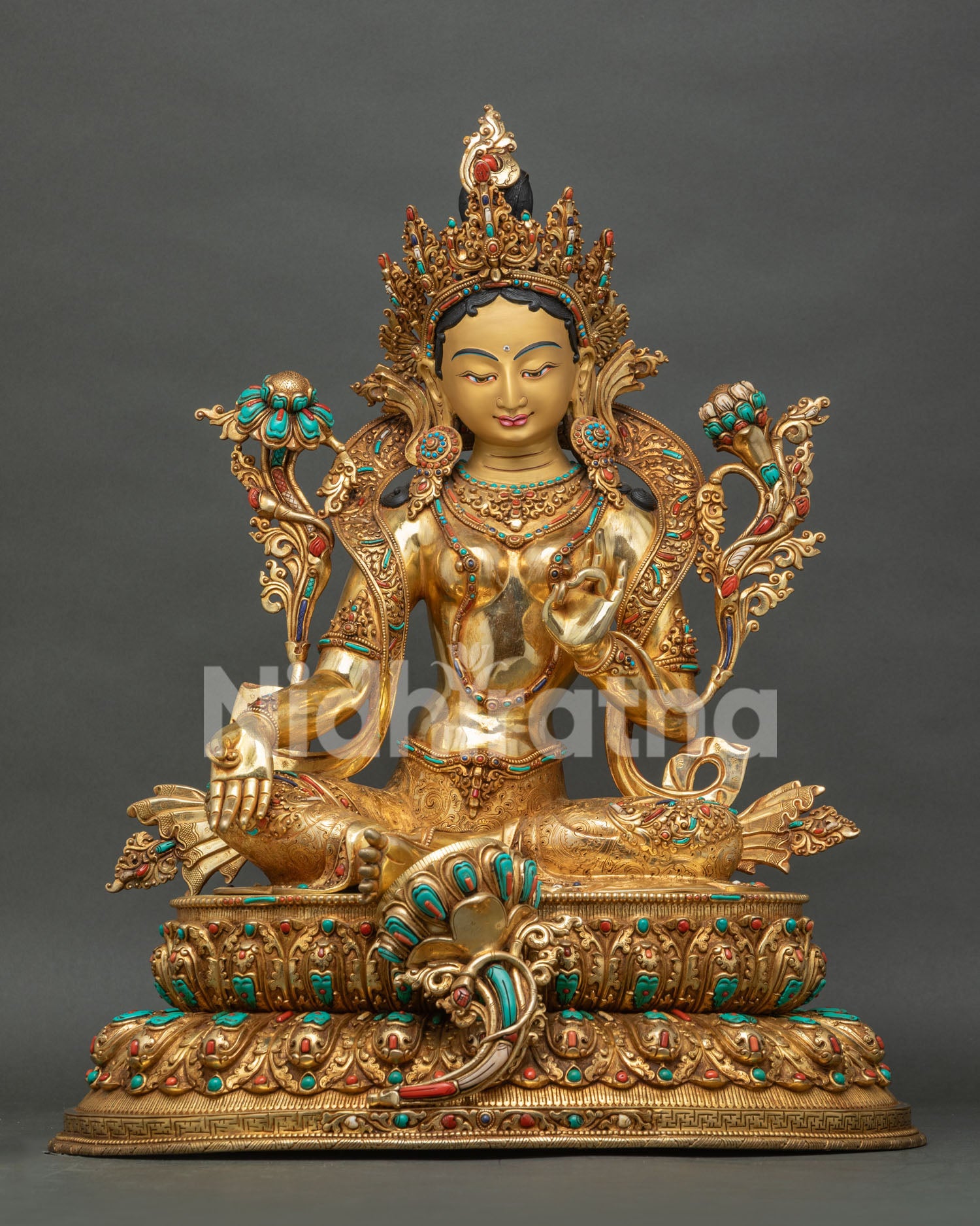 Green Tara Statue, handmade in Nepal with 24K gold fire gilding and semi precious stones