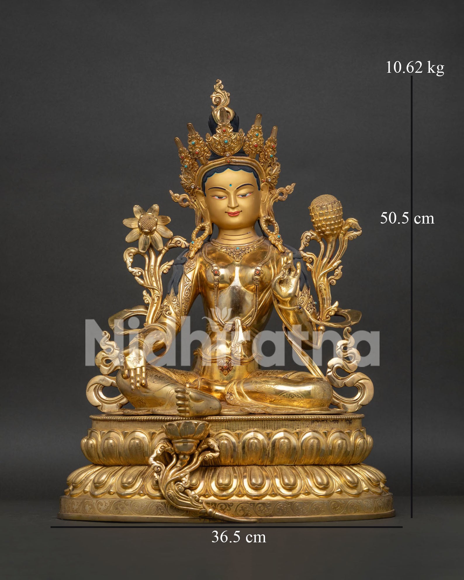 green tara statue handmade in nepal with 24k gold fire gilding front view
