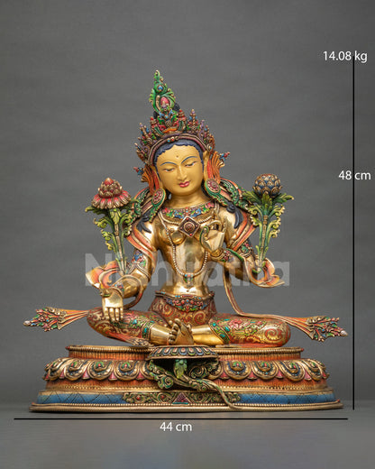 Green Tara statue in 24K gold fire-gilding with acrylic accents, front view, handcrafted in Nepal