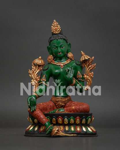 Green Tara statue in emerald green acrylic with gold gilded details front view
