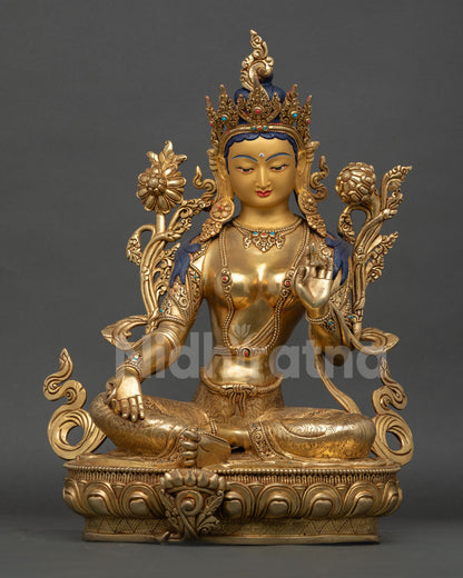 Green Tara statue seated in lalitasana posture on a lotus pedestal, Nepalese craftsmanship