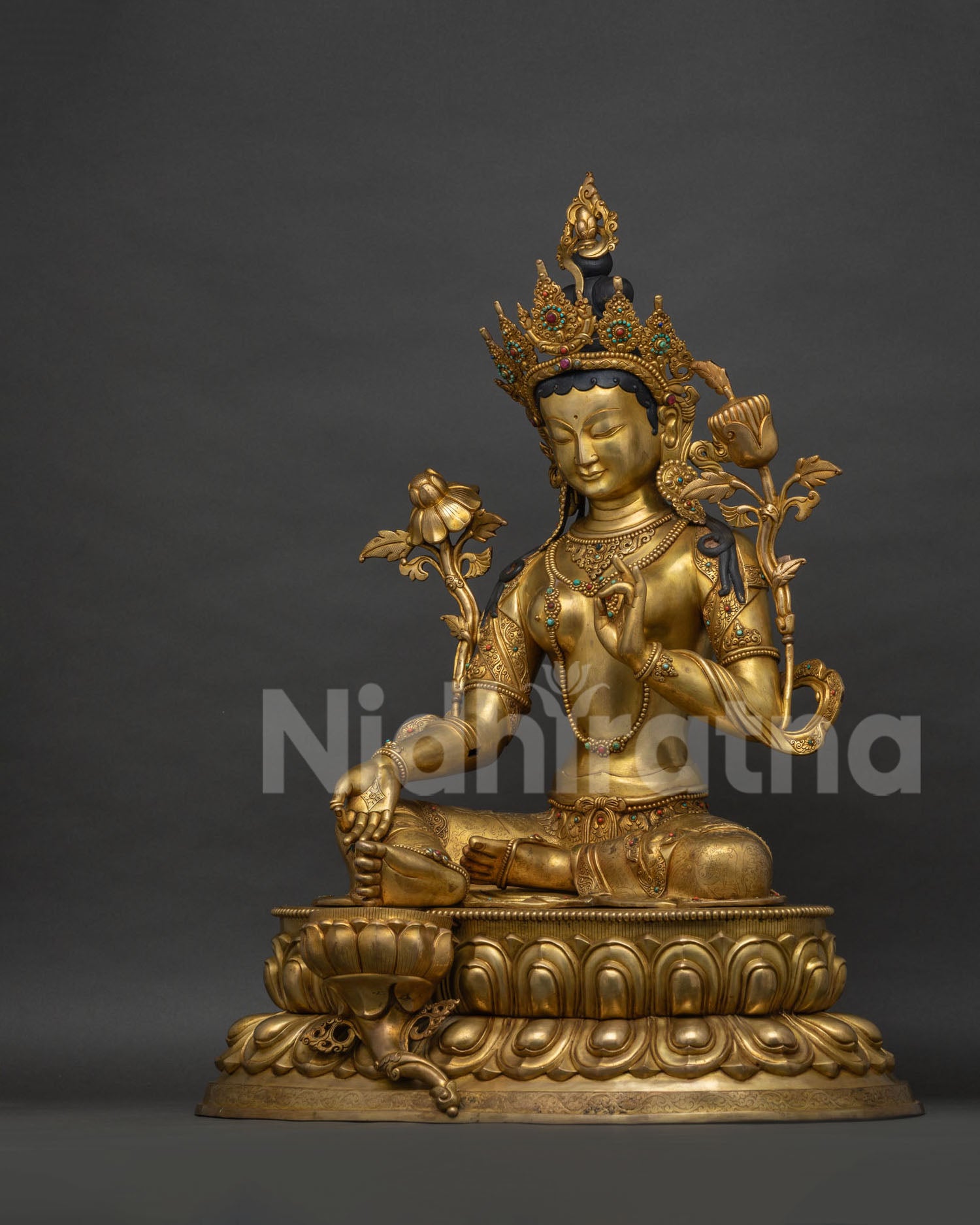 Green Tara Statue left side view, gold fire-gilded Buddhist altar statue