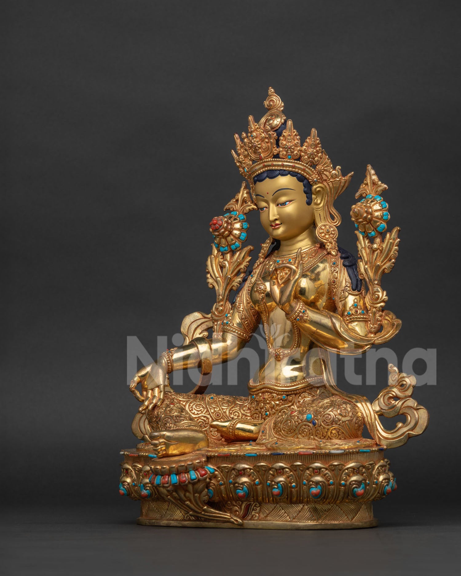 Green Tara Statue left side view, gold gilded Himalayan Buddhist statue