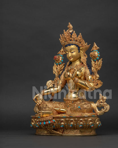 Green Tara Statue left side view, gold gilded Himalayan Buddhist statue