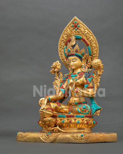 Green Tara statue left side view, handcrafted 24K gold fire gilded copper Buddhist sculpture