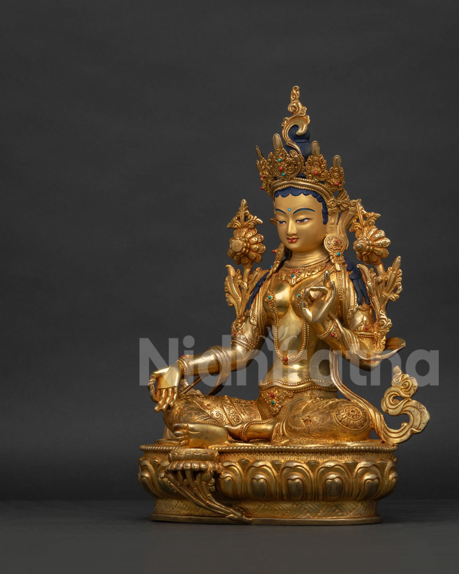 Green Tara Statue left side view - handcrafted copper and gold sculpture