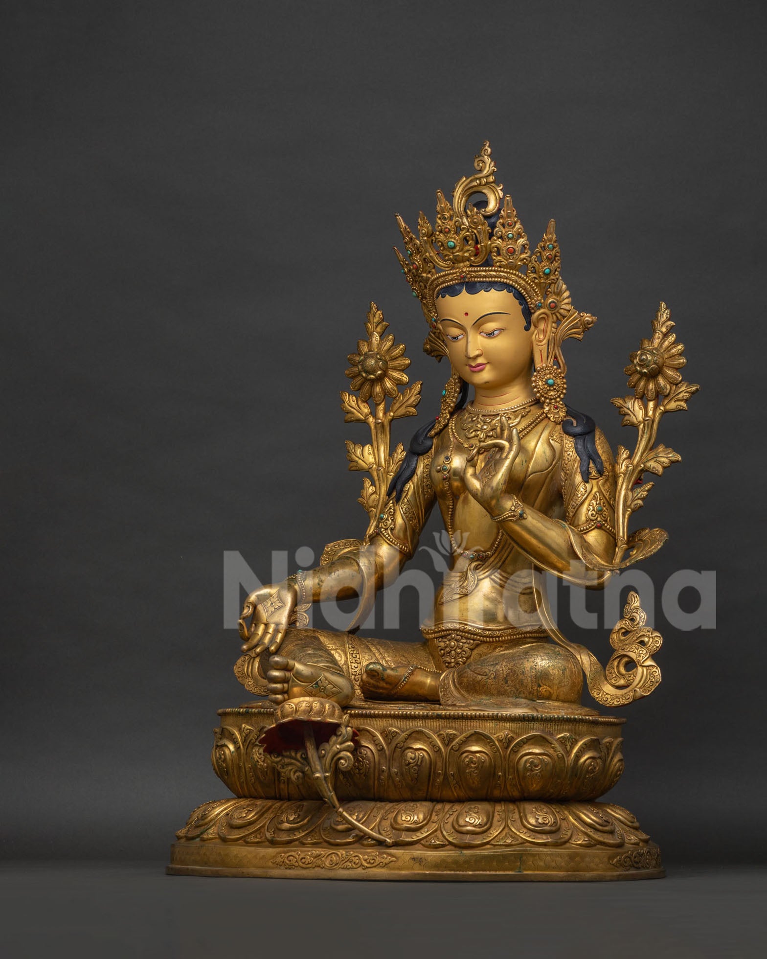 Green Tara Statue left side view, handcrafted gold gilded Buddhist sculpture