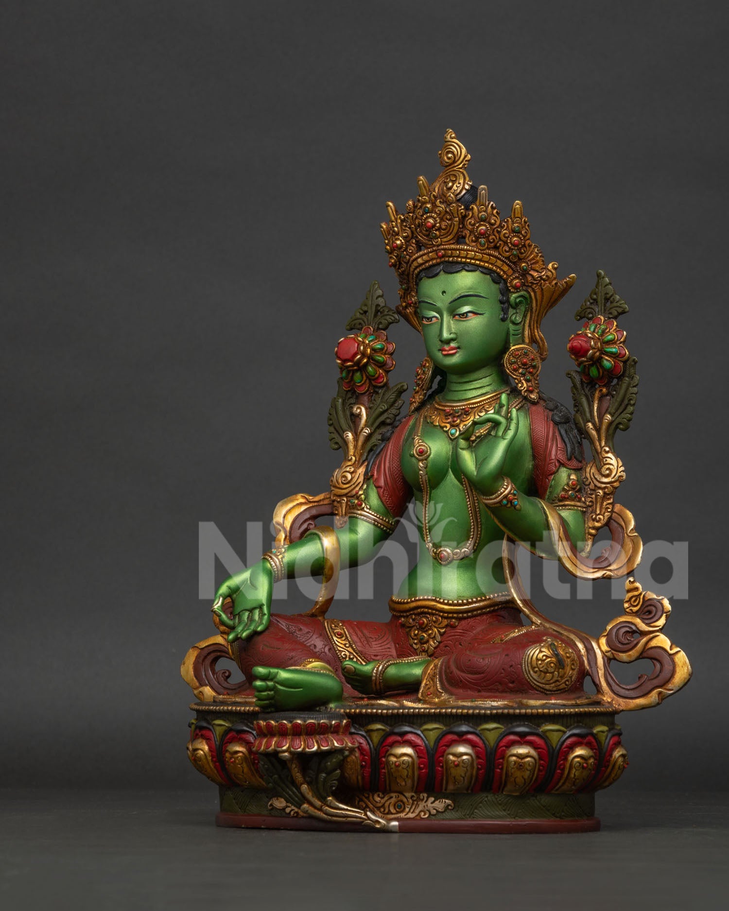 Green Tara statue left side view, handcrafted Newari Buddhist sculpture