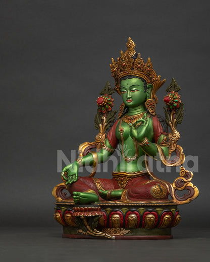 Green Tara statue left side view, handcrafted Newari Buddhist sculpture
