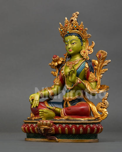 green tara statue left side view nepalese buddhist sculpture lotus throne compassion goddess figurine