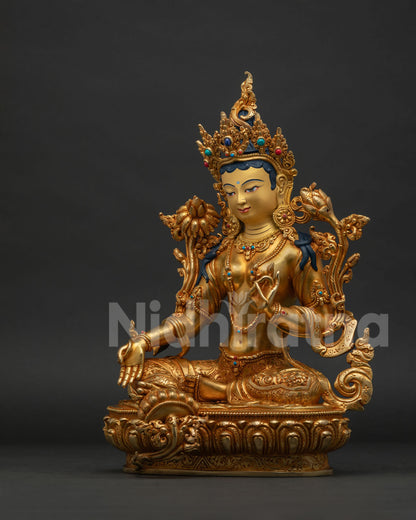 Green Tara Statue left side view, Nepalese lost-wax cast Buddhist goddess