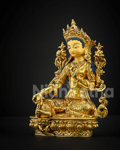 Green Tara Statue Left Side View, Nepali Handmade Copper Buddhist Sculpture