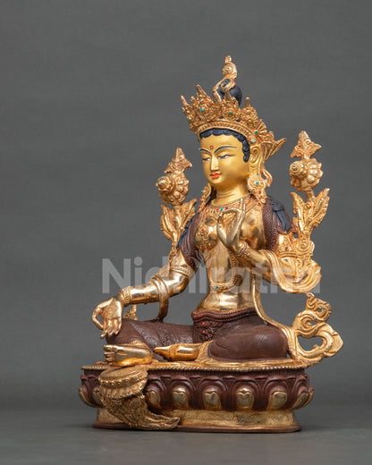 Green Tara statue left side view semi precious stones jewel crown.