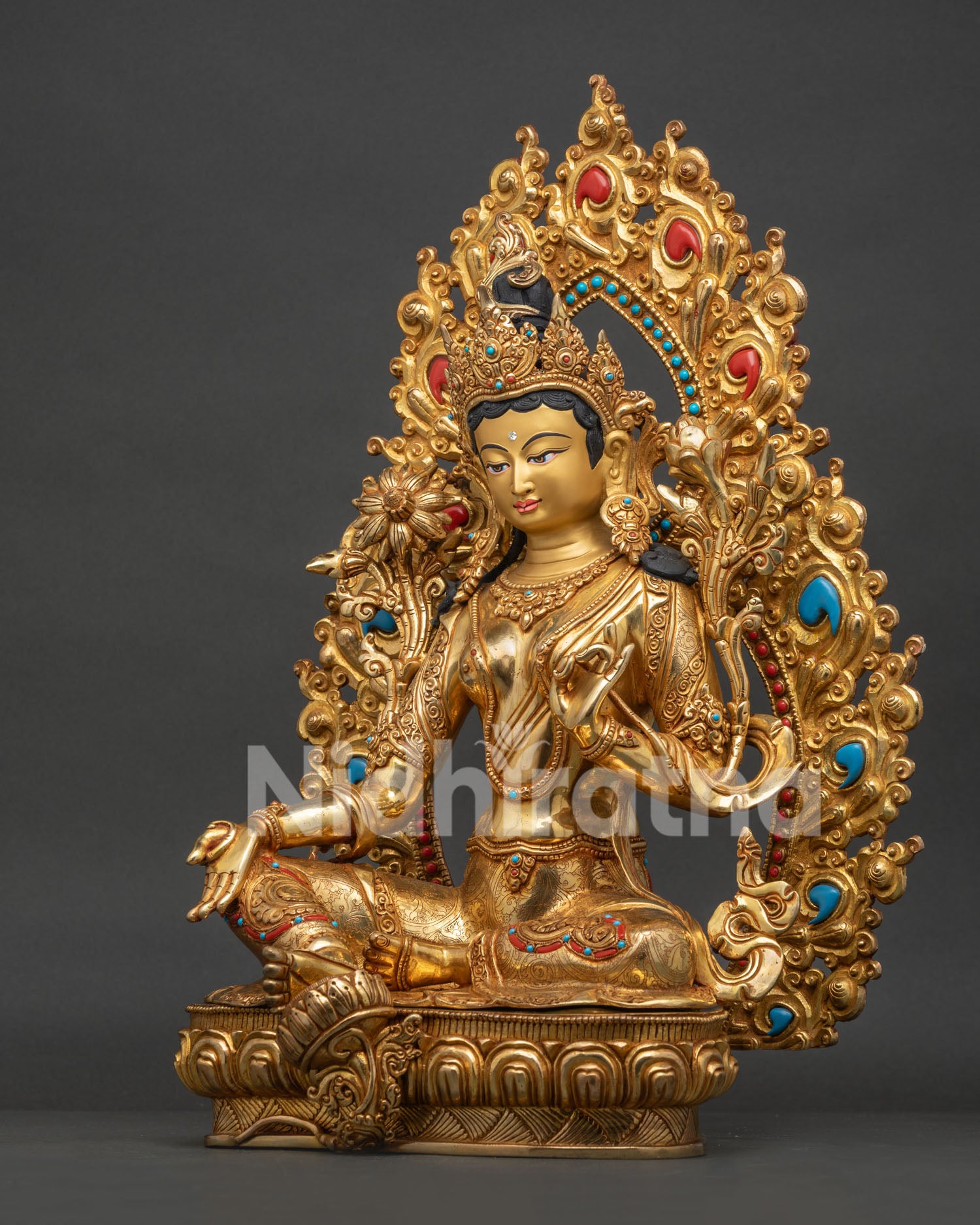 Green Tara Statue Left View Featuring Copper Sculpture with Gold Gilding and Semi Precious Stones