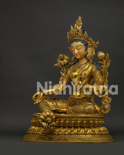 Green Tara Statue left view side showing handcrafted Newari artistic details