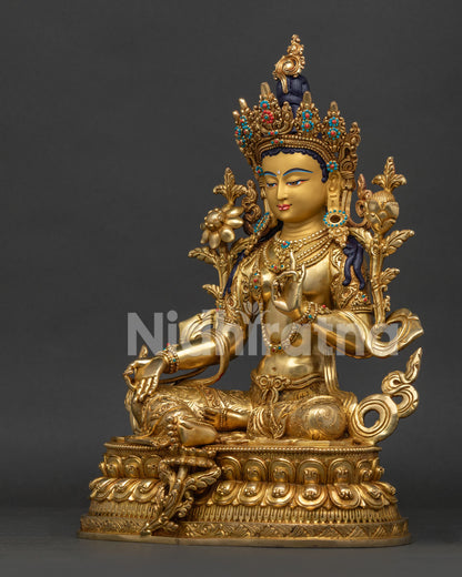 Green Tara Statue left view side showing copper carving and ornament details