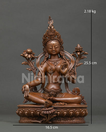 Green Tara Statue oxidized copper, front view, seated lalitasana with varada mudra