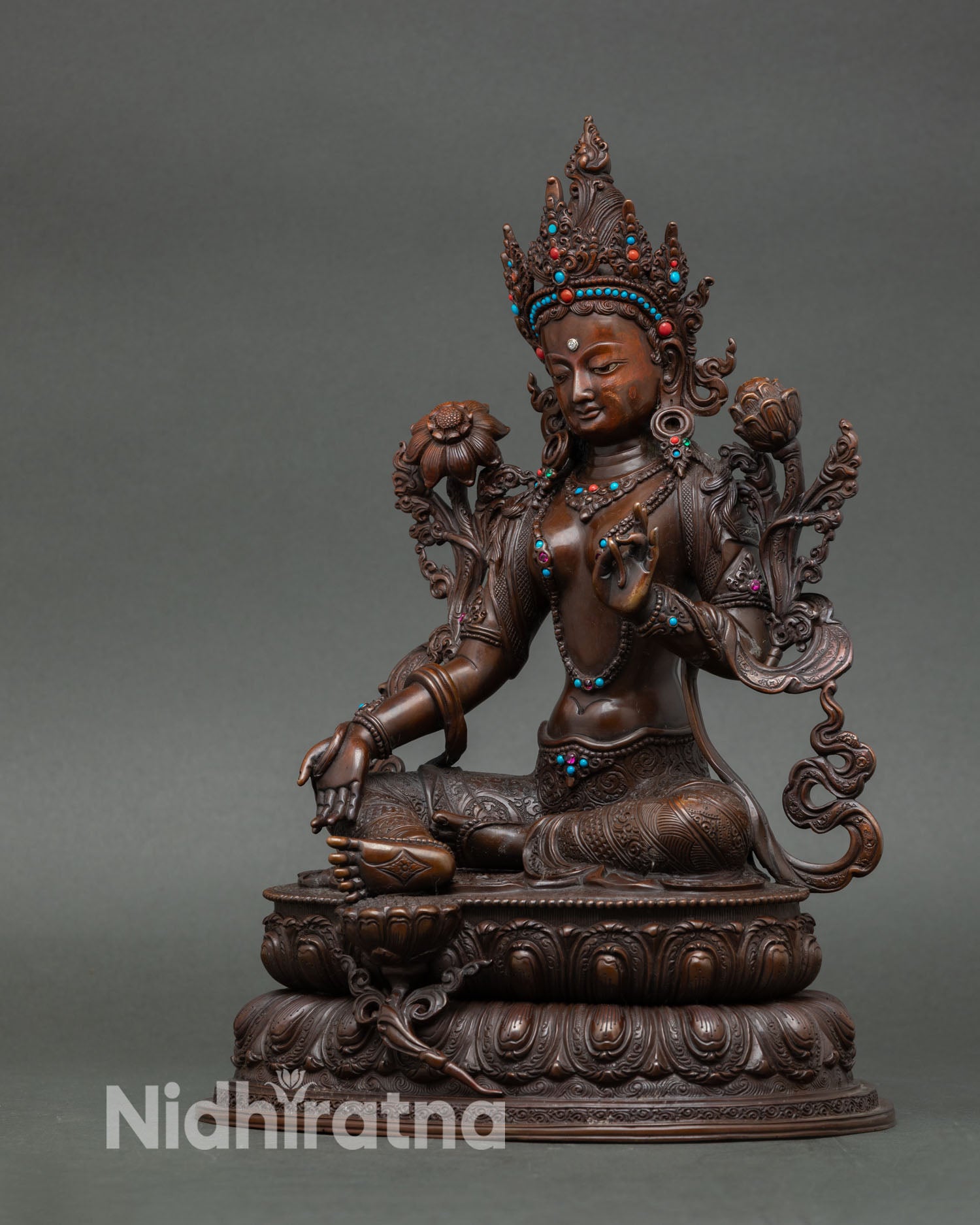 Green Tara statue oxidized copper handcrafted newari artisan buddhist deity with utpala flower
