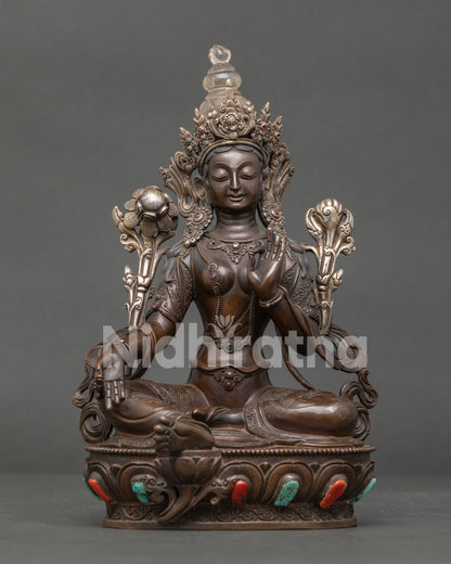 Green Tara Statue oxidized copper handmade in Nepal Buddhist altar sculpture