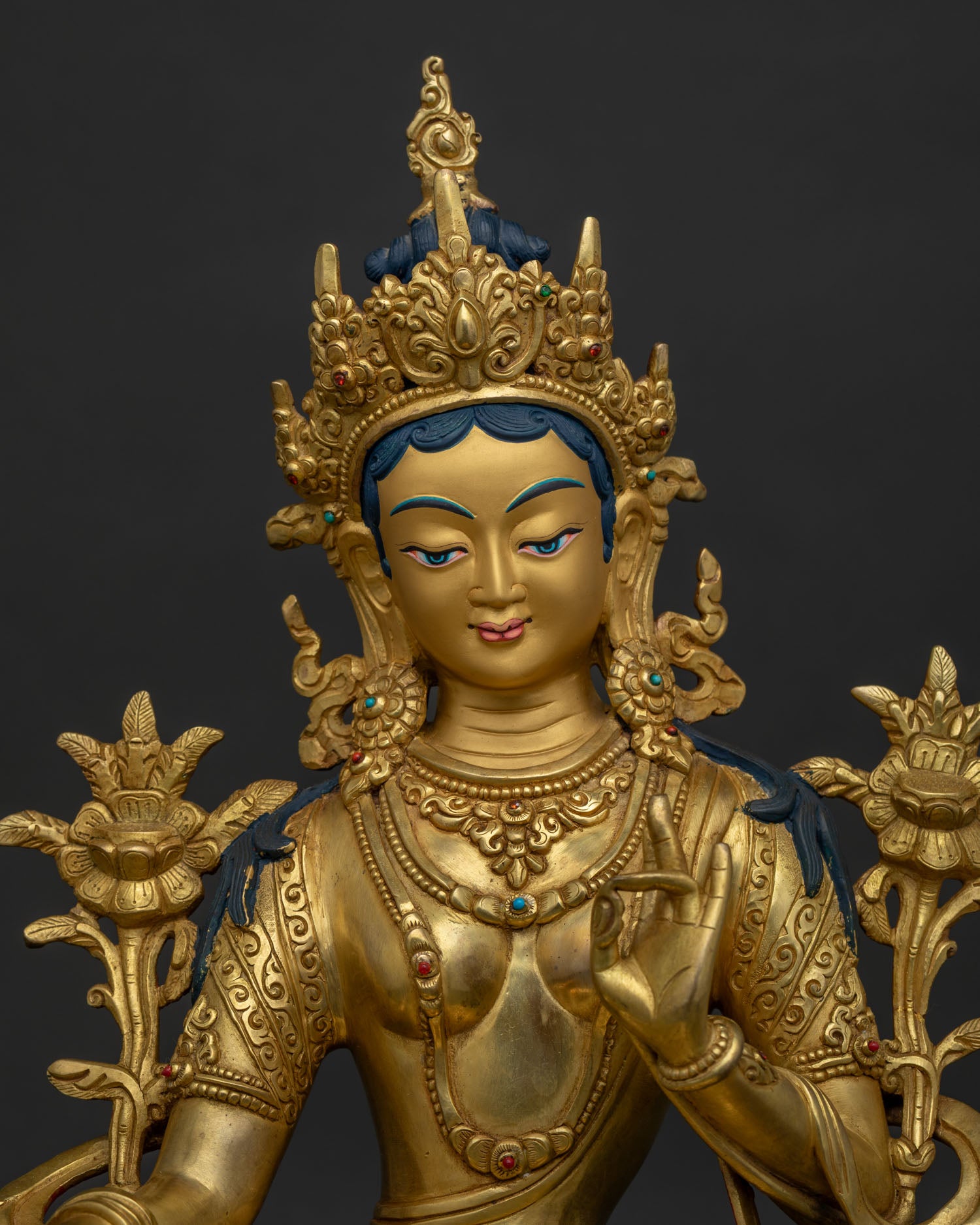 Green Tara Statue regular close up 24K gold gilded Buddhist deity