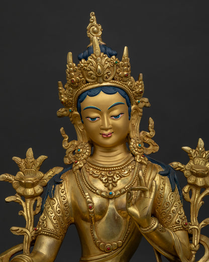 Green Tara Statue regular close up 24K gold gilded Buddhist deity