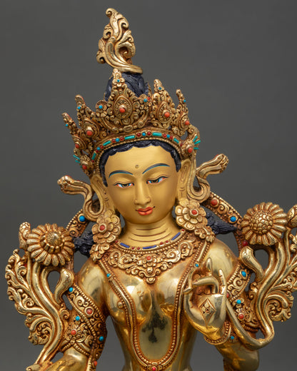 Green Tara Statue regular close up Himalayan art gold gilded details