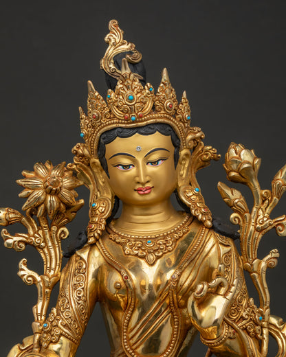 Green Tara Statue Regular Close Up with 24K Gold Fire Gilding and Semi Precious Stone Details