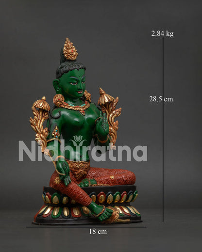 Green Tara statue right side showing lotus seat ornate jewelry and carved details