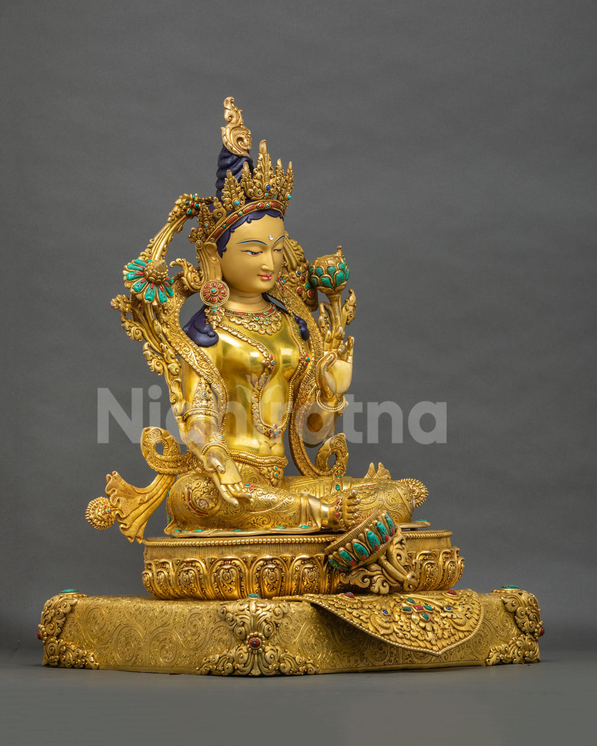 Green Tara Statue right side view, 24K gold-gilded copper sculpture