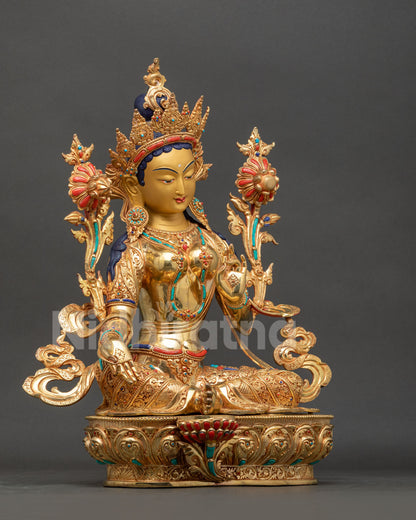 Green Tara Statue right side view, gold fire-gilded copper detailing