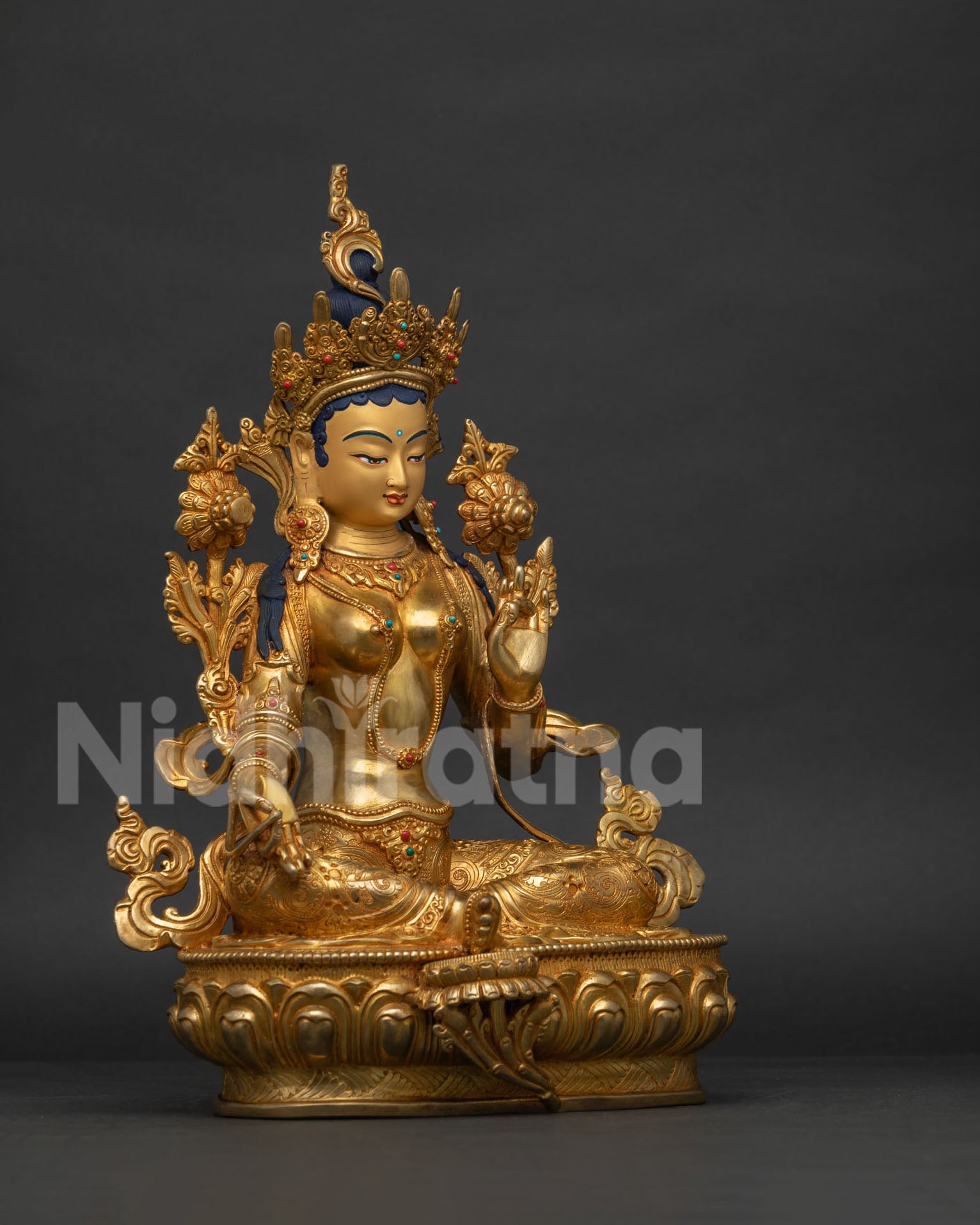 Green Tara Statue right side view - gold gilded Nepalese Buddhist statue