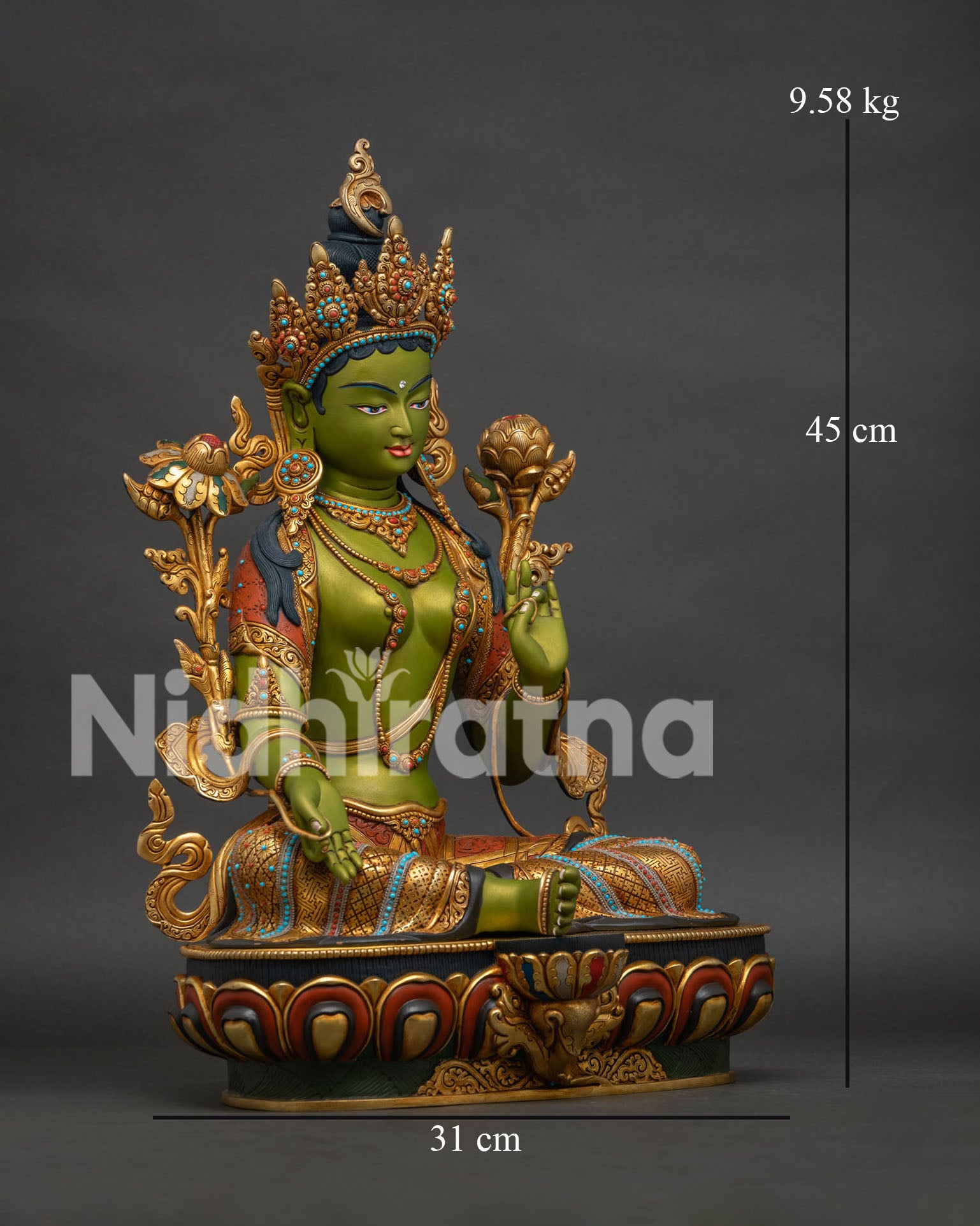 Green Tara statue right side view – hand-painted gold-gilded copper sculpture