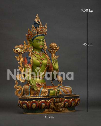 Green Tara statue right side view – hand-painted gold-gilded copper sculpture