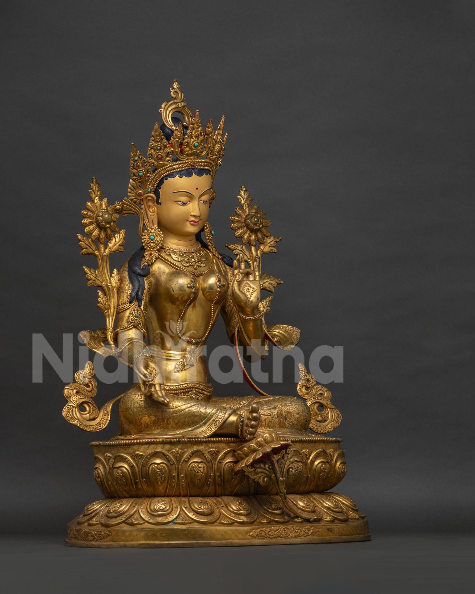 Green Tara Statue right side view, handcrafted gold gilded Buddhist sculpture