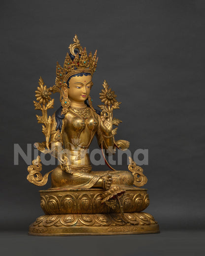 Green Tara Statue right side view, handcrafted gold gilded Buddhist sculpture