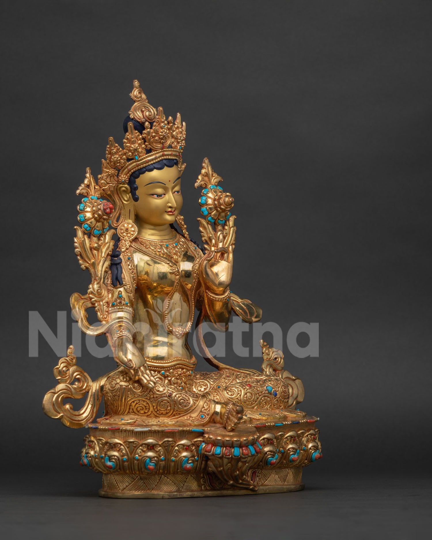 Green Tara Statue right side view, handmade copper Buddhist sculpture