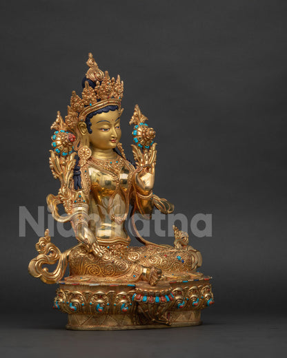 Green Tara Statue right side view, handmade copper Buddhist sculpture