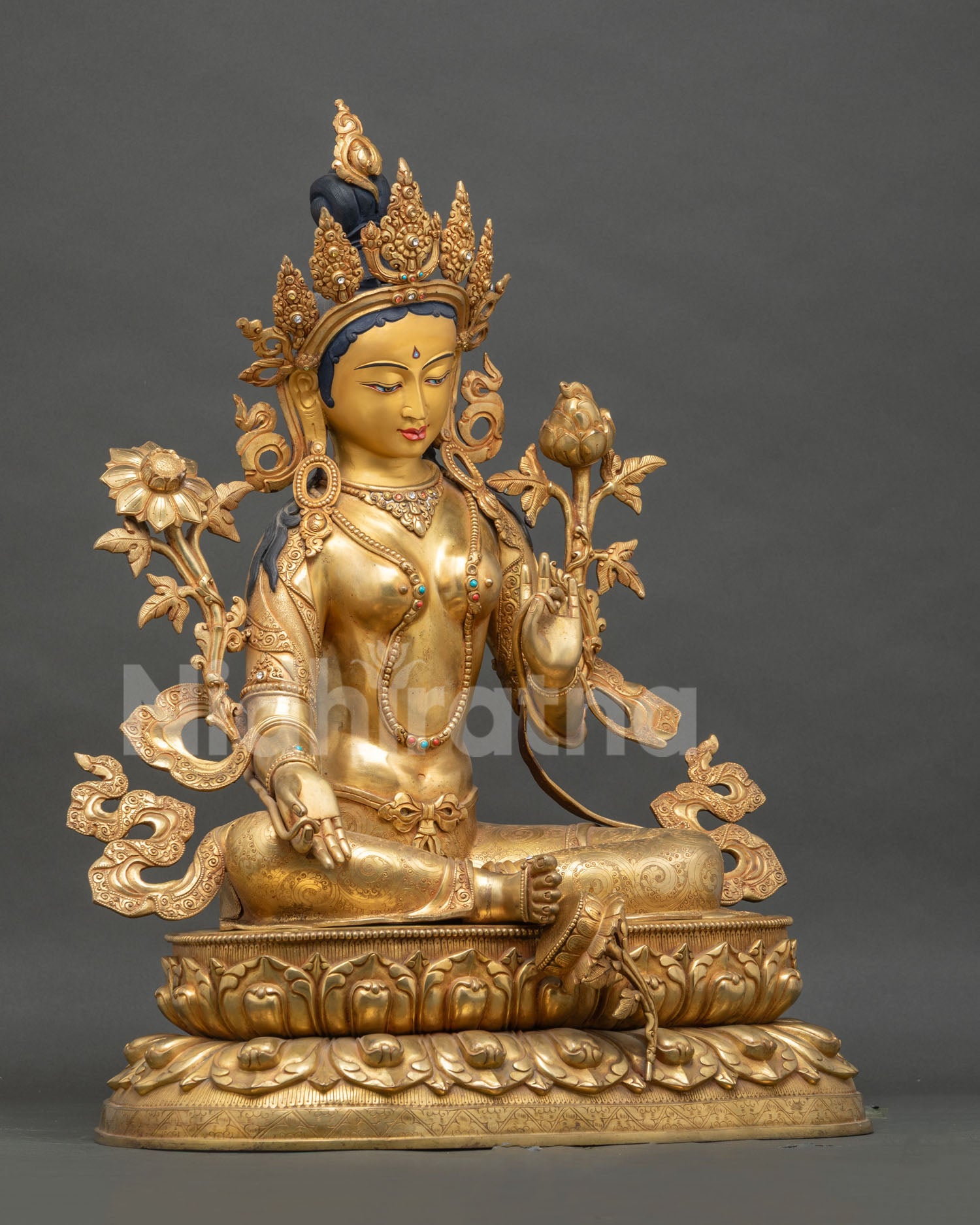 Green Tara Statue right side view – Lalitasana pose on double lotus pedestal
