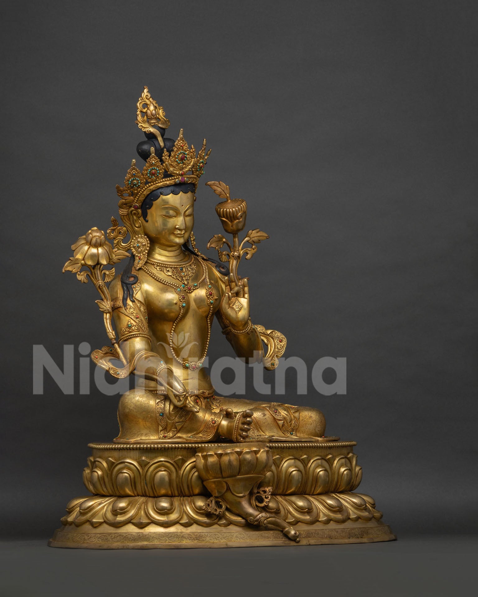 Green Tara Statue right side view, lotus throne, Nepal lost-wax casting