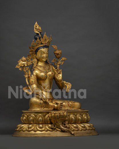 Green Tara Statue right side view, lotus throne, Nepal lost-wax casting