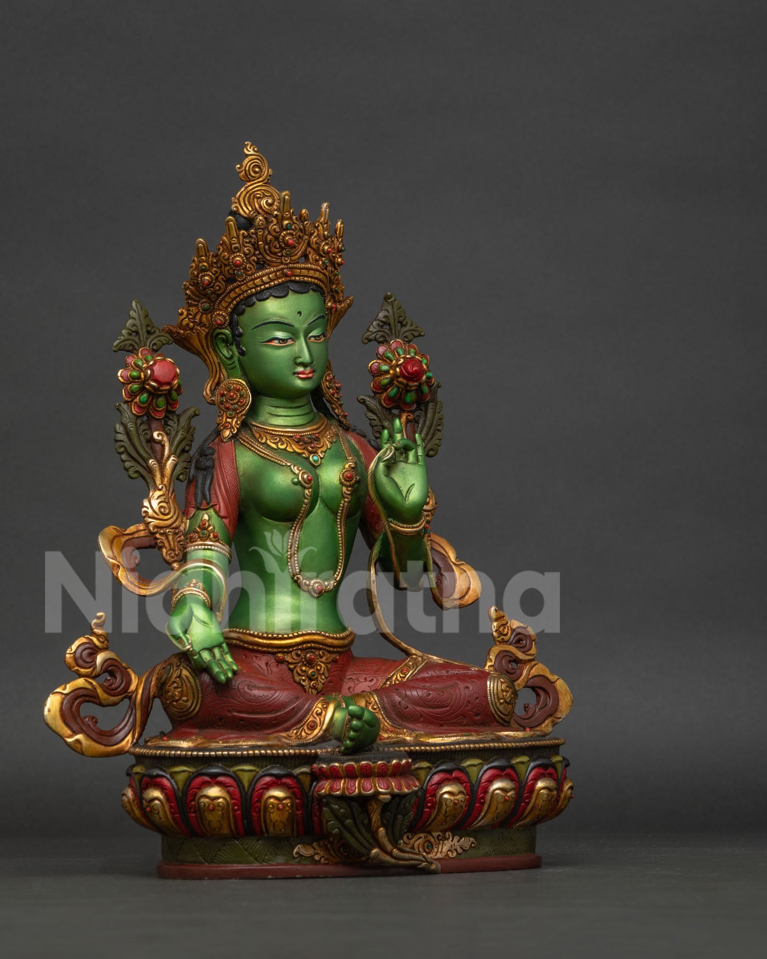 Green Tara statue right side view, Tibetan Buddhist copper sculpture
