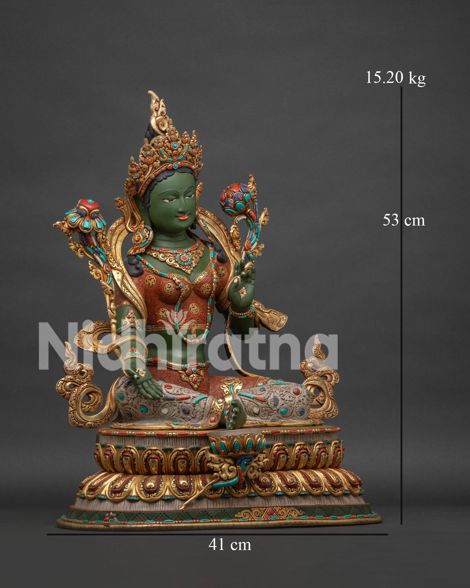 Green Tara statue right side view Nepalese Newari handcrafted copper gold gilded Buddhist art