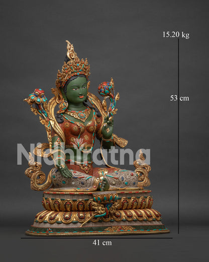 Green Tara statue right side view Nepalese Newari handcrafted copper gold gilded Buddhist art