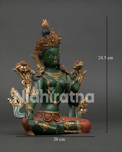Green Tara Statue right side view with handcrafted copper and gold gilding