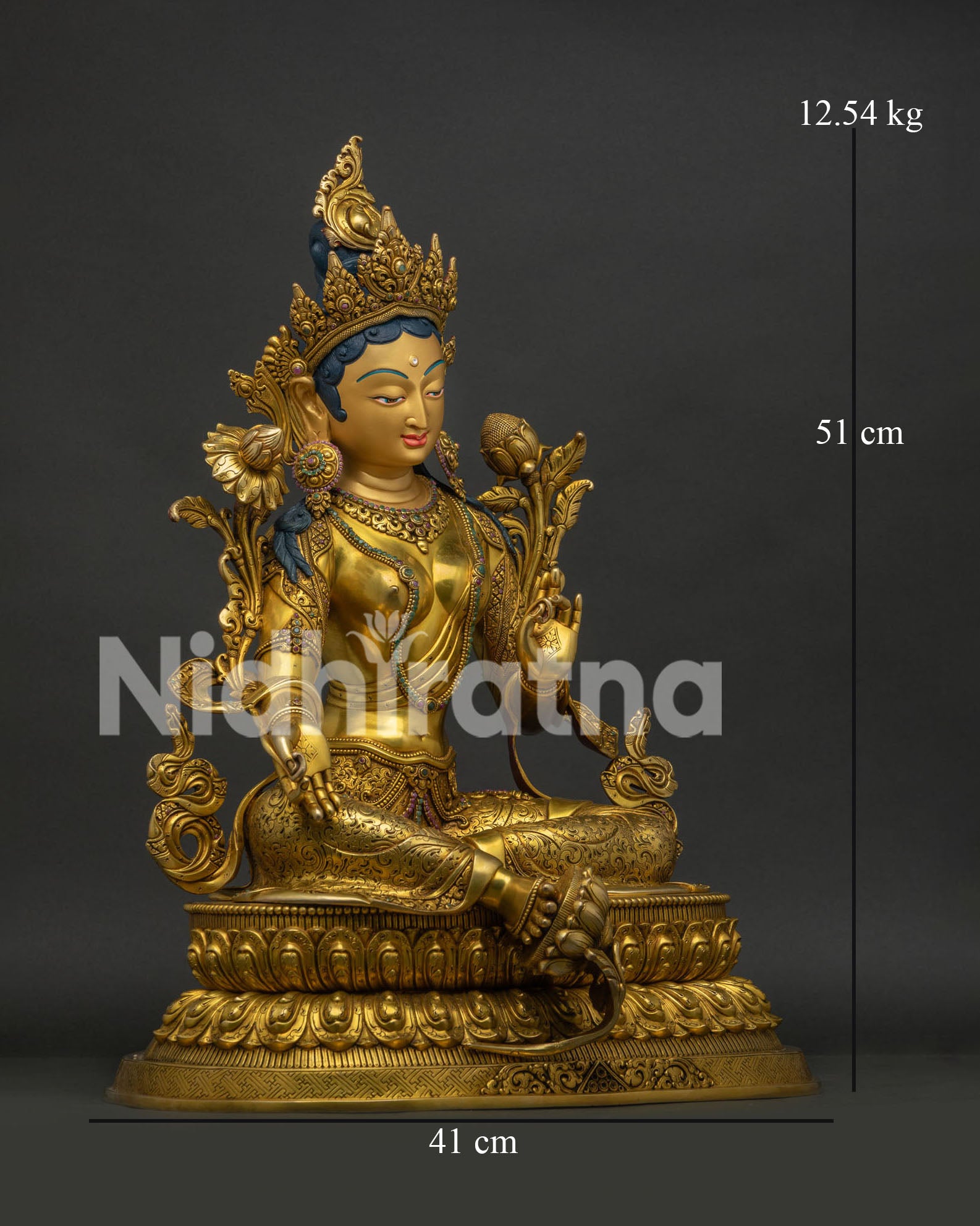 Green Tara Statue right view side showing lotus seat and sacred mudra details