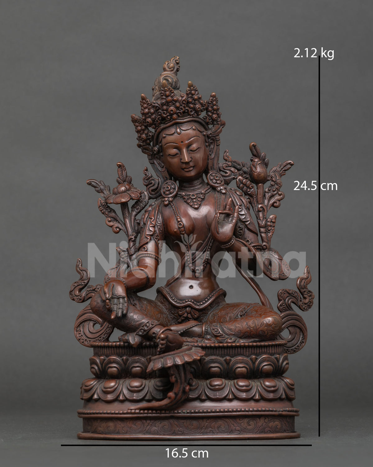 Green tara statue seated in lalitasana on handcarved double lotus pedestal.