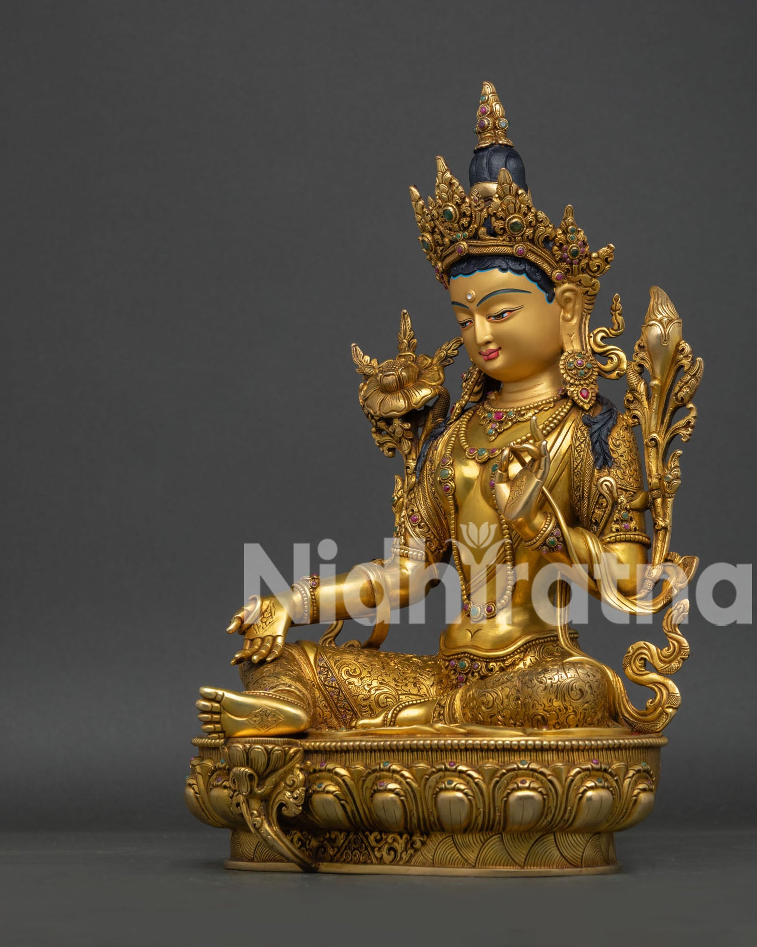 Green Tara Statue side angle view - handcrafted gold gilded Nepali sculpture