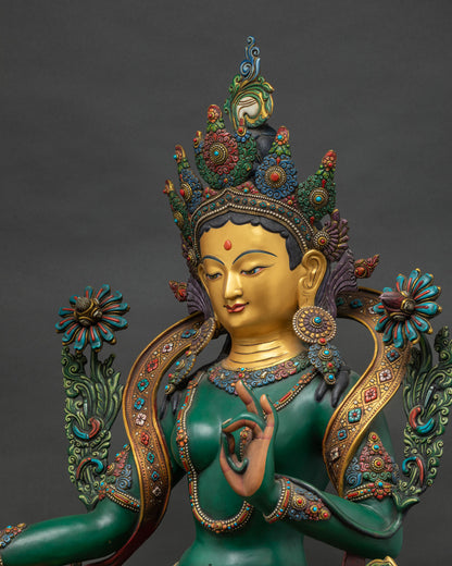 Green Tara Statue side close up, crown, aureole and shoulder detail view