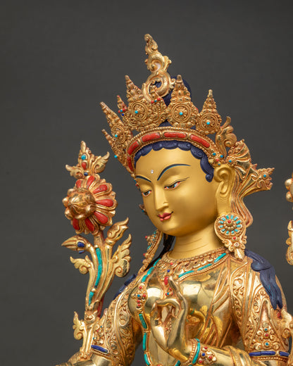 Green Tara Statue side close-up, hand-chased turquoise and coral inlay detail