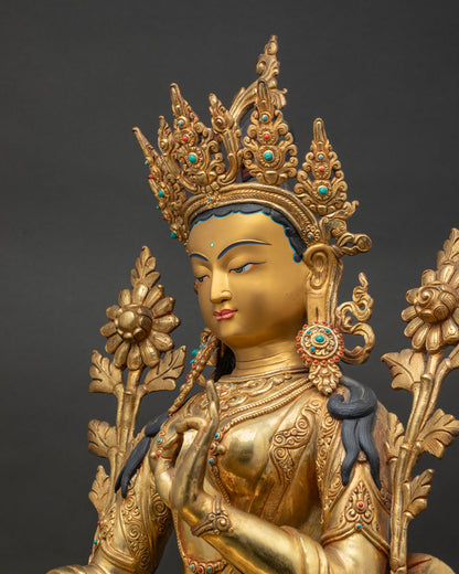 Green Tara Statue Side Close-Up Semi-Precious Stone Inlay Gold Gilded Copper Nepal